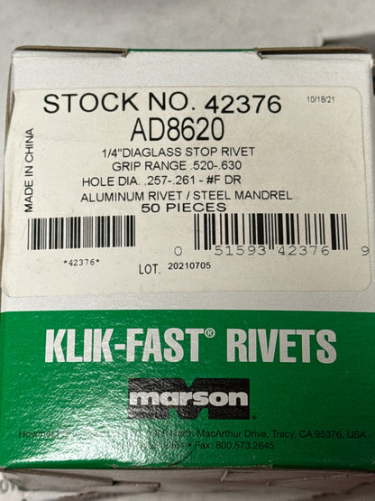 Marson® Klik-Split™ M42376 Glass Stop Blind Rivet, 1/4 in Dia x 0.052 to 0.62 in Grip Range, Aluminum, Plain