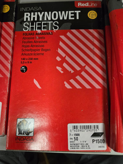 INDASA Medallion™ 7-1500 Rhynowet Red Line XL Half Sanding Sheet, 9 in L x 5-1/2 in W, 1500 Grit