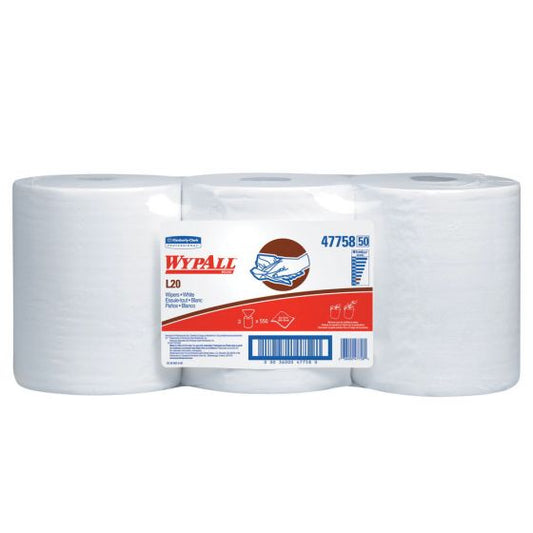 WypAll® 47758 L20 Series Center-Pull Cloth, 9.8 x 13.4 in, 550, Paper, White, 2 Plys